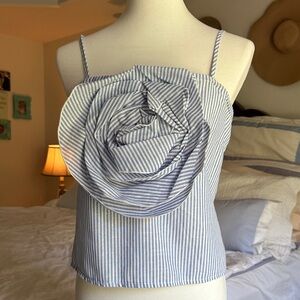 Blue and White Seersucker Rose Flower spaghetti strap top. Buttons down back.